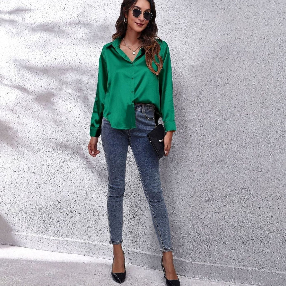 Sophia | Women's Loose-Fit Button-Down Long-Sleeve Satin Blouses