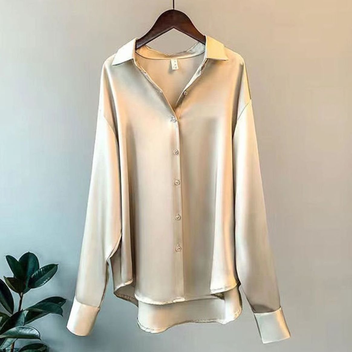 Evelyn | Women's Loose-Fit Button-Down Satin Blouses Long Sleeve Shirt