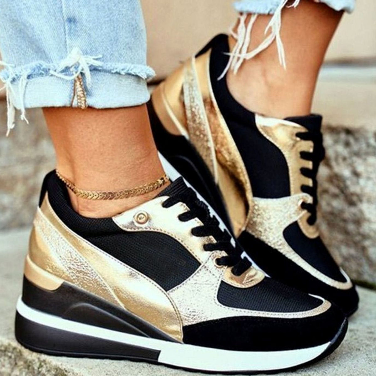 Penelope | Women's Metallic Two-Tone Lace-Up Wedge Sneakers