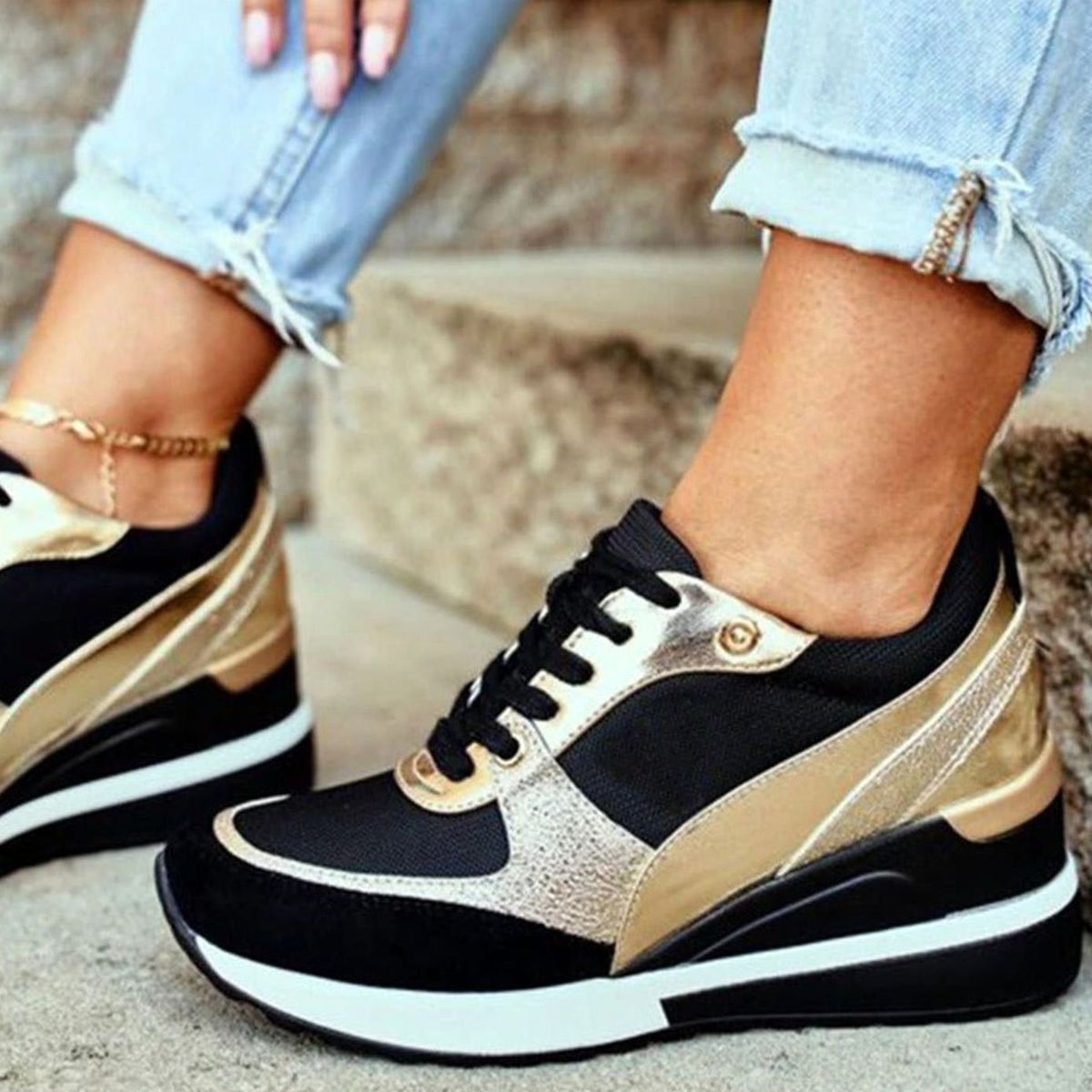 Penelope | Women's Metallic Two-Tone Lace-Up Wedge Sneakers