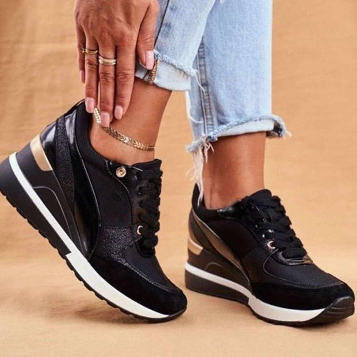 Penelope | Women's Metallic Two-Tone Lace-Up Wedge Sneakers