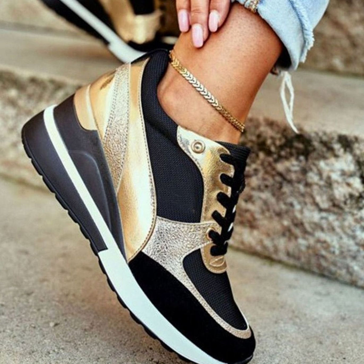 Penelope | Women's Metallic Two-Tone Lace-Up Wedge Sneakers