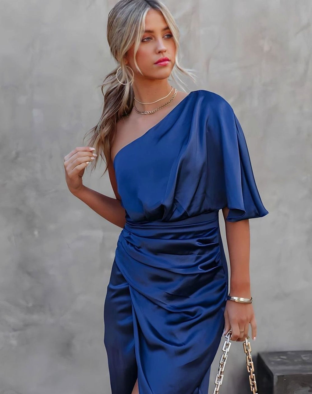 Aria | Women's One-Shoulder Satin Wrap Midi Dress