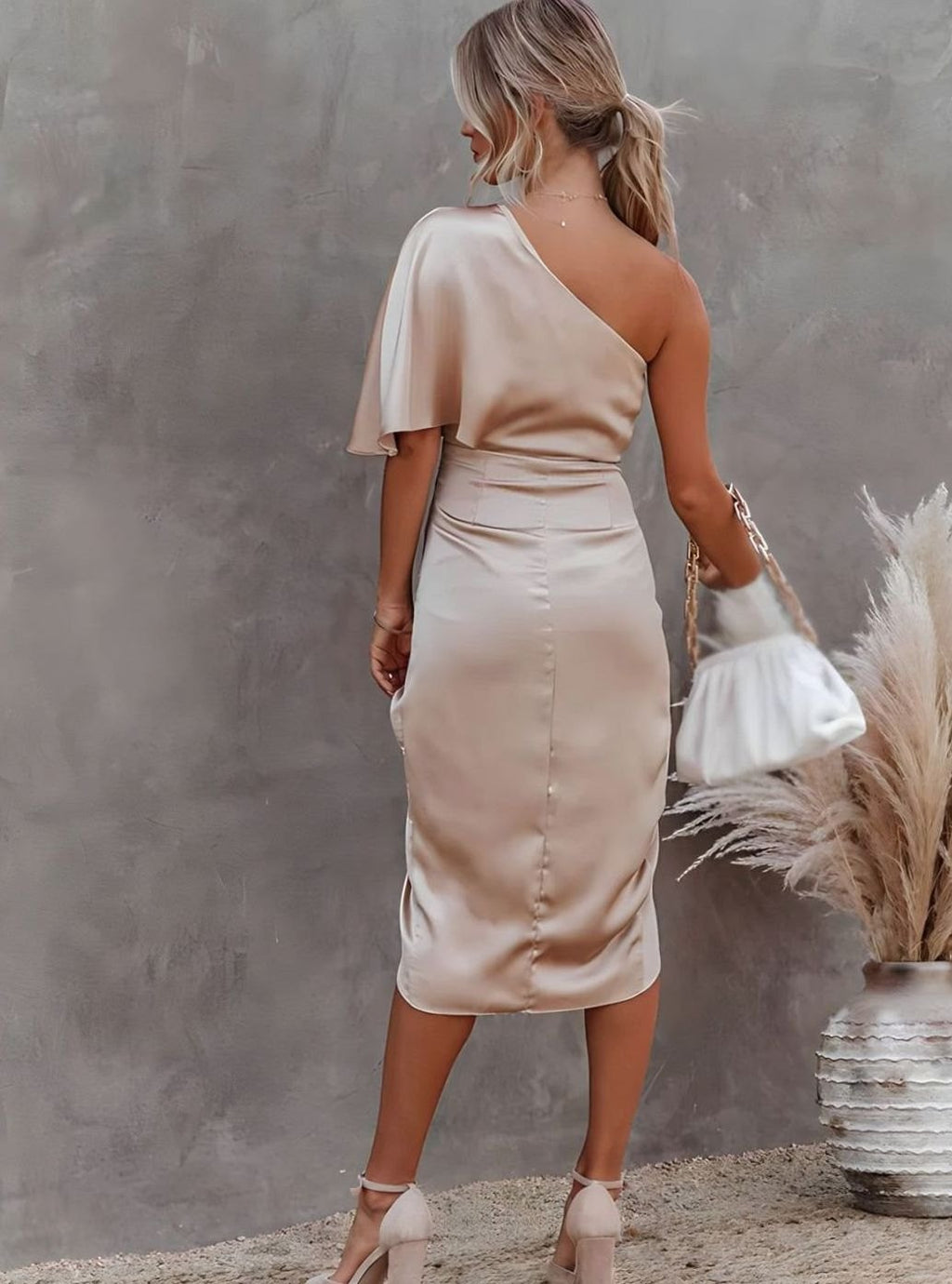 Aria | Women's One-Shoulder Satin Wrap Midi Dress