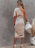 Aria | Women's One-Shoulder Satin Wrap Midi Dress
