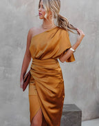 Aria | Women's One-Shoulder Satin Wrap Midi Dress