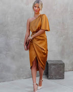 Aria | Women's One-Shoulder Satin Wrap Midi Dress