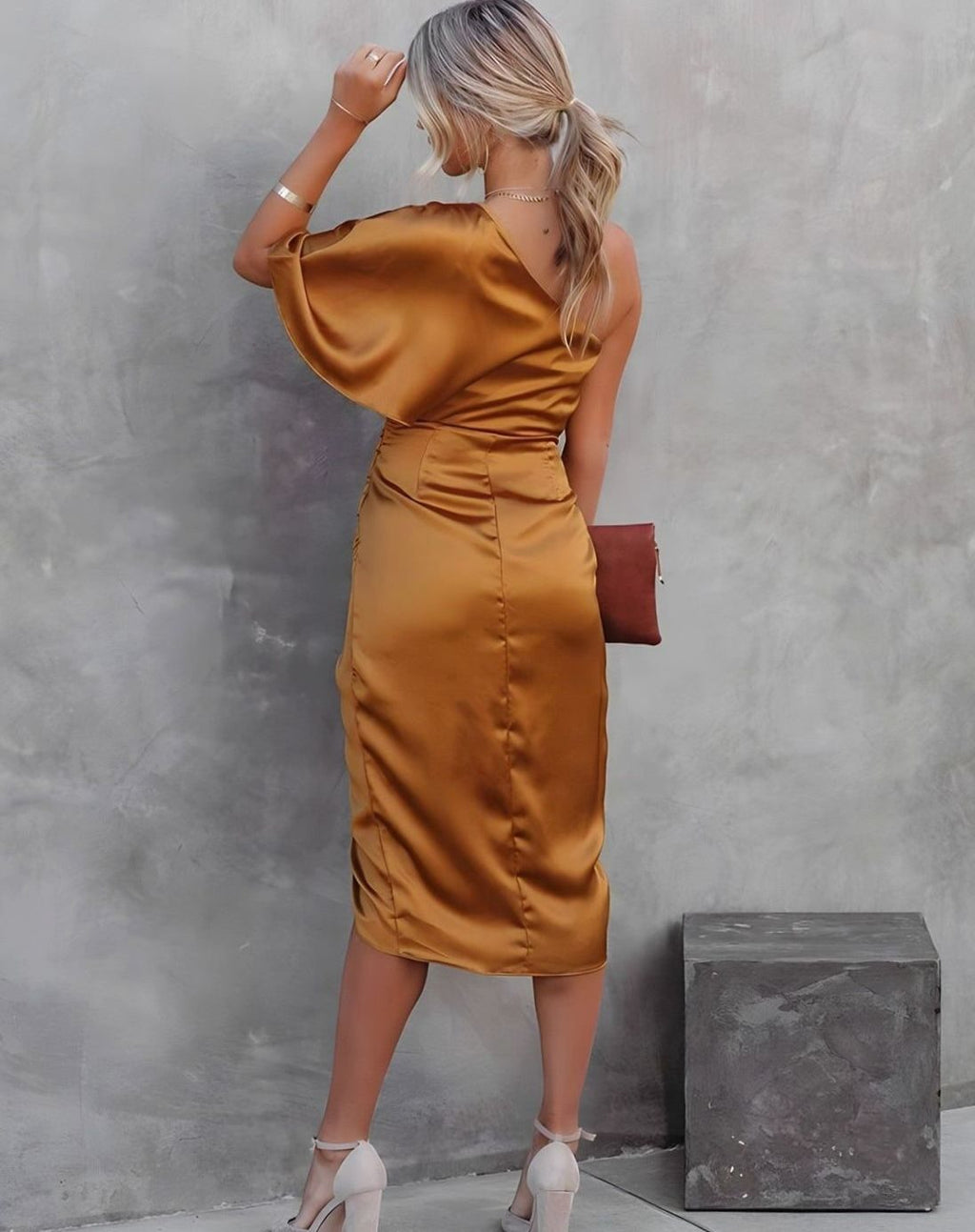 Aria | Women's One-Shoulder Satin Wrap Midi Dress