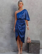 Aria | Women's One-Shoulder Satin Wrap Midi Dress
