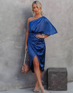 Aria | Women's One-Shoulder Satin Wrap Midi Dress