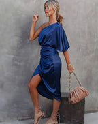 Aria | Women's One-Shoulder Satin Wrap Midi Dress