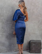 Aria | Women's One-Shoulder Satin Wrap Midi Dress