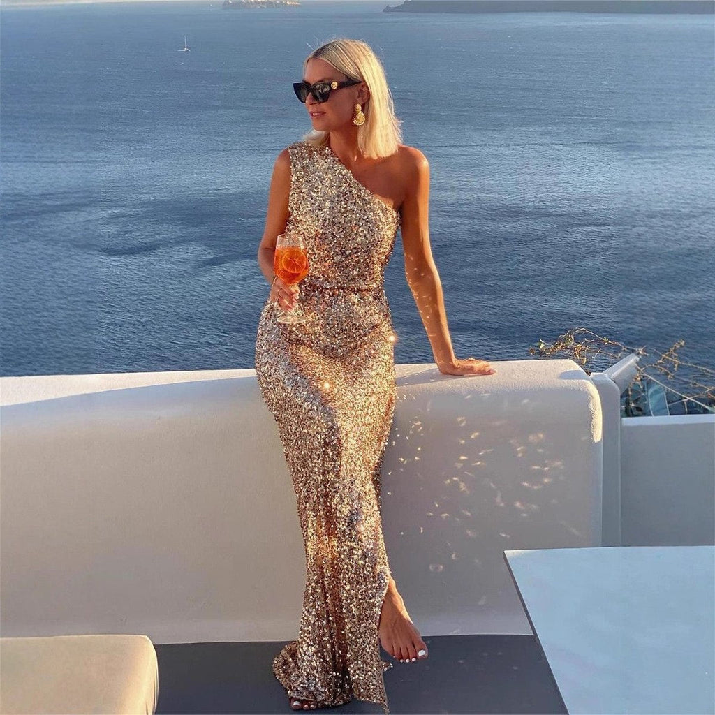 Charlotte | Women's One-Shoulder Sequin Cocktail Dress Maxi Side Slit