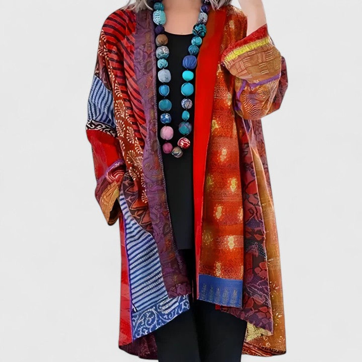 Penelope | Women's Open-Front Patchwork Print Long Cardigan