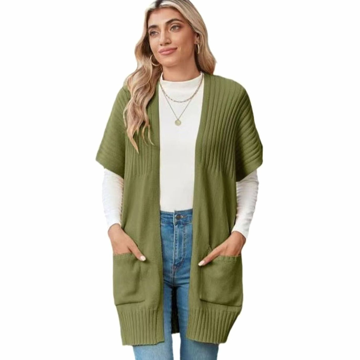 Madison | Women's Open-Front Short-Sleeve Knit Cardigan Sweater Pockets