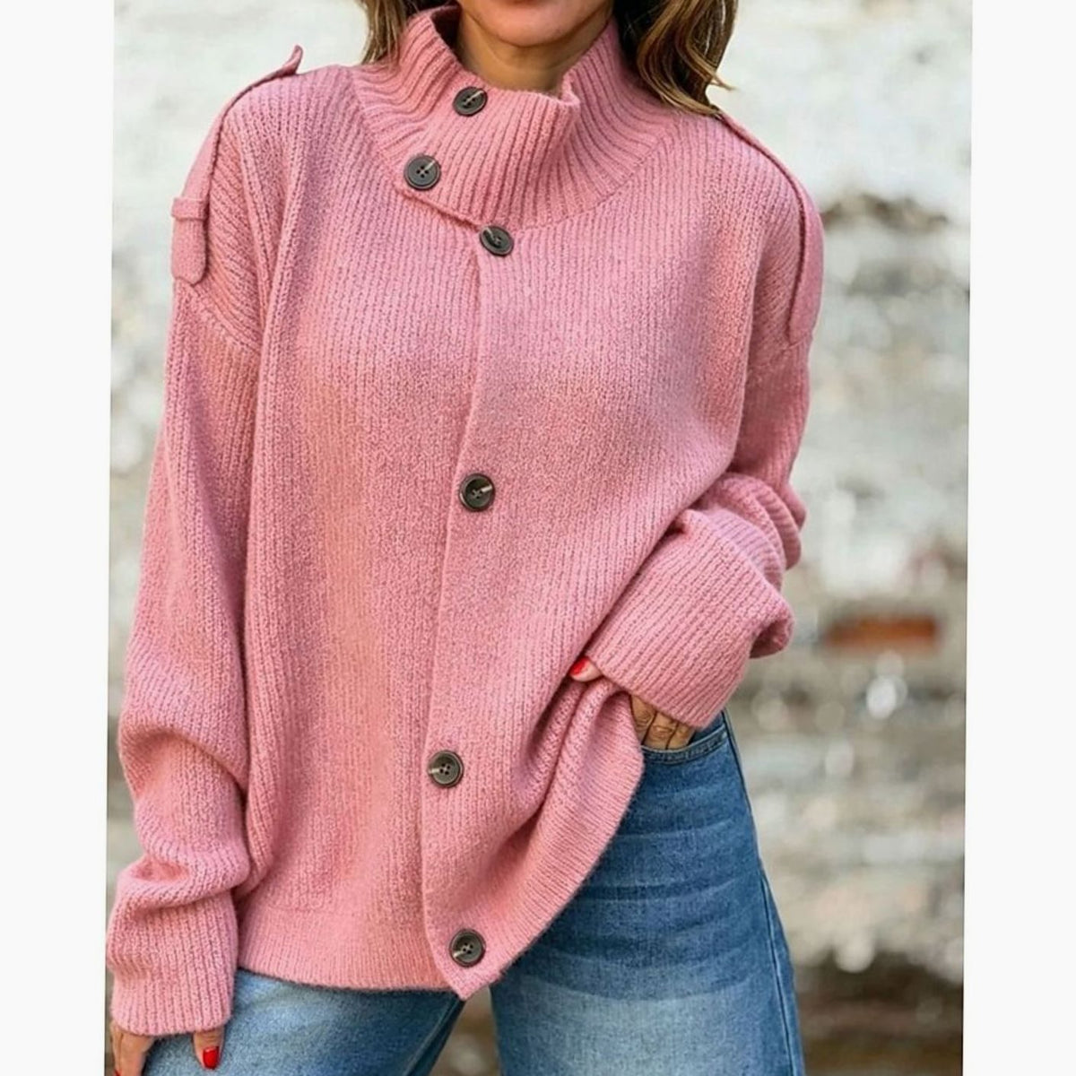 Amelia | Women's Oversized Button-Front Stand-Collar Knit Cardigan