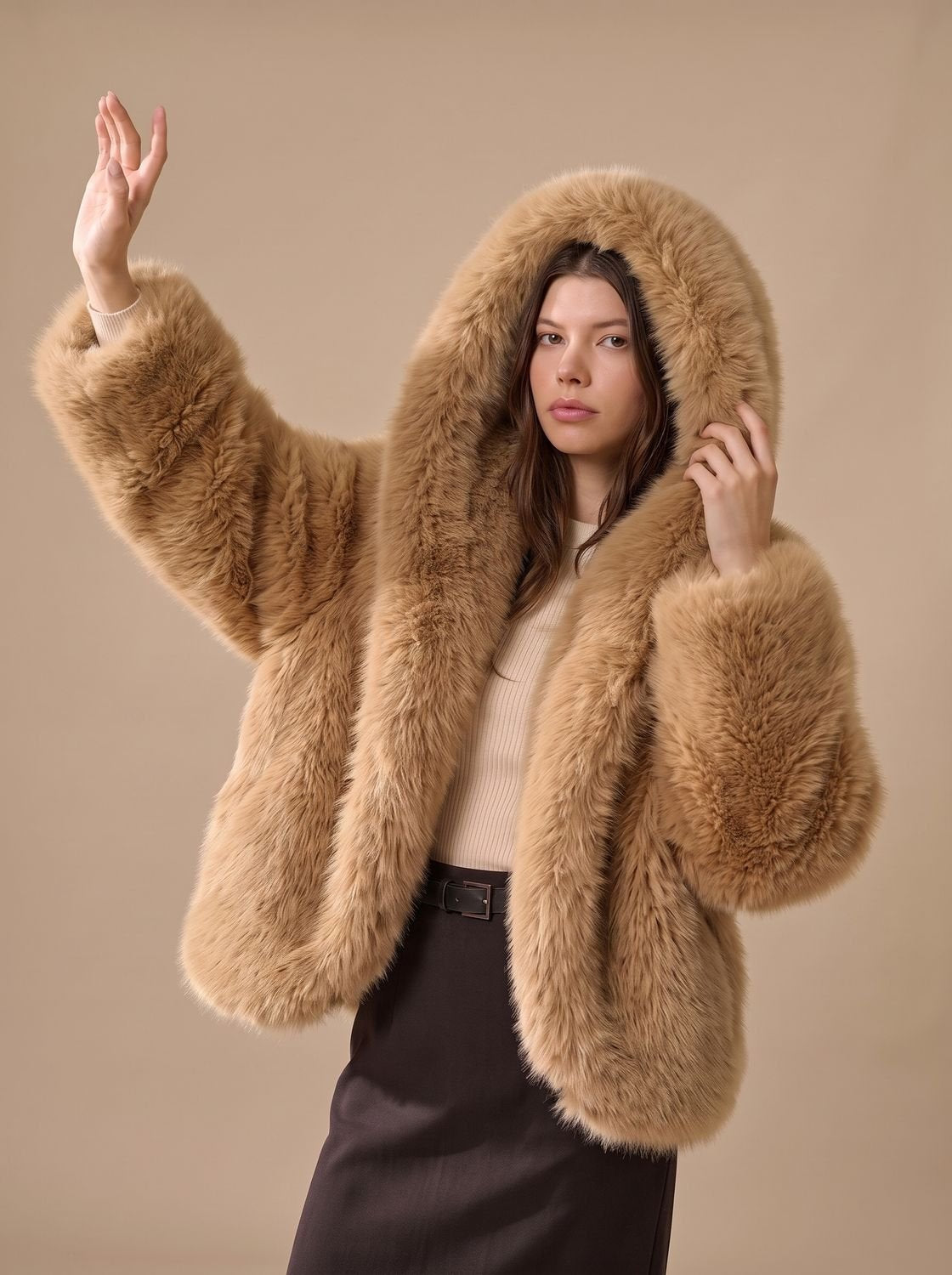 Aria | Women's Oversized Hooded Faux Fur Coat Long Sleeve Winter