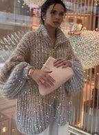Amelia | Women's Oversized Sequin Zip-Neck Chunky Knit Cardigan Sweater