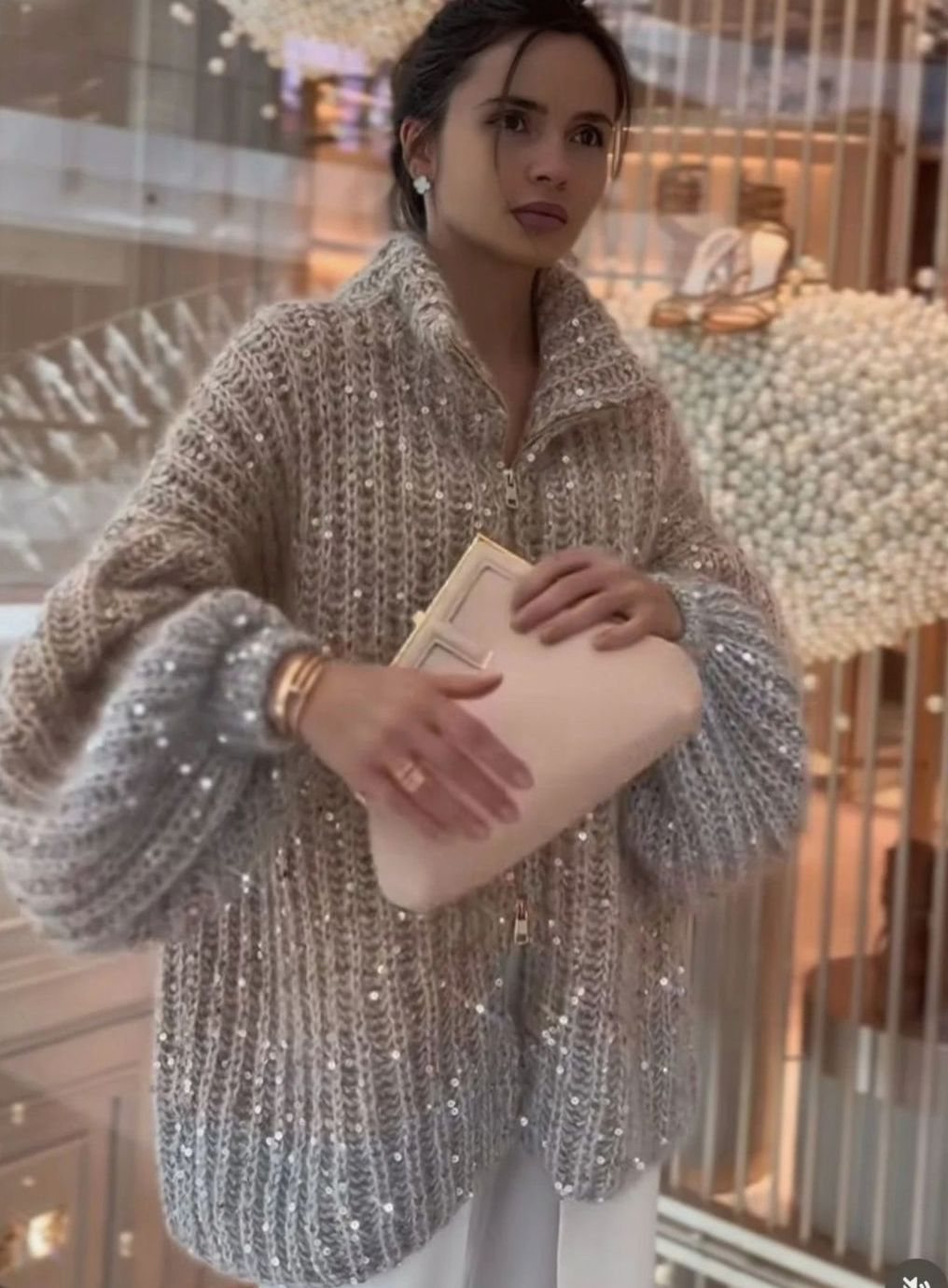 Amelia | Women's Oversized Sequin Zip-Neck Chunky Knit Cardigan Sweater