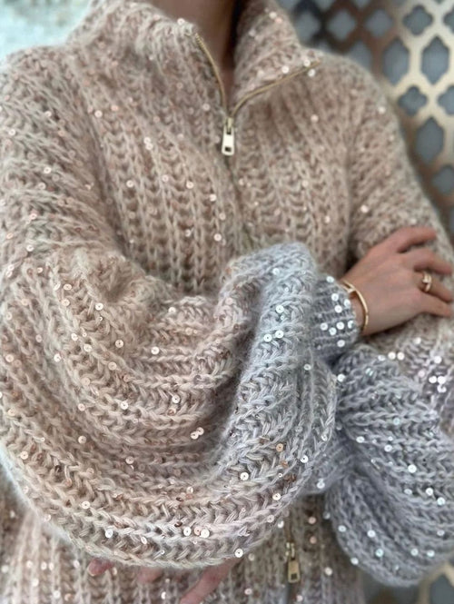 Amelia | Women's Oversized Sequin Zip-Neck Chunky Knit Cardigan Sweater