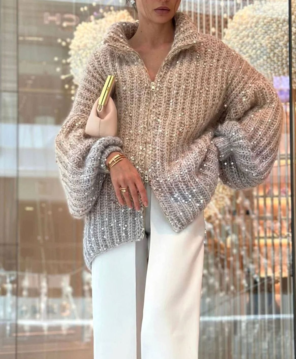Amelia | Women's Oversized Sequin Zip-Neck Chunky Knit Cardigan Sweater