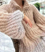 Amelia | Women's Oversized Sequin Zip-Neck Chunky Knit Cardigan Sweater