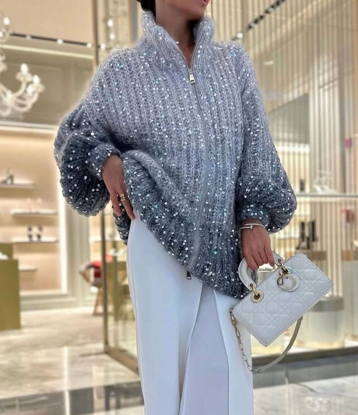 Amelia | Women's Oversized Sequin Zip-Neck Chunky Knit Cardigan Sweater