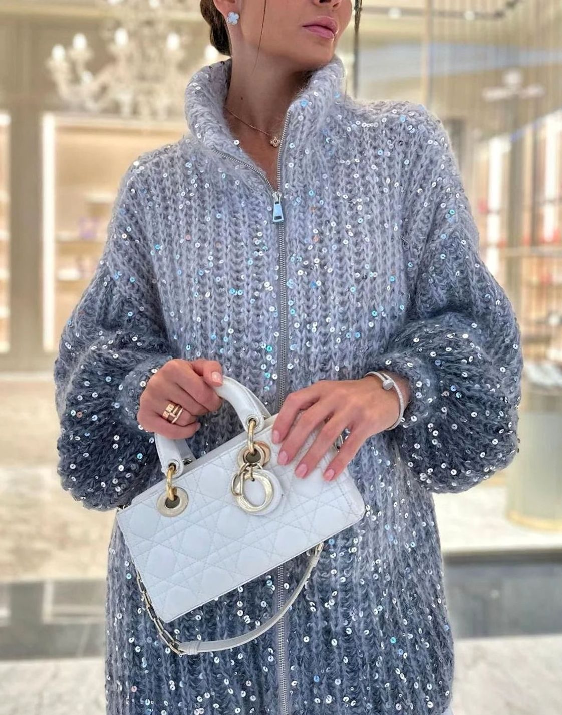 Amelia | Women's Oversized Sequin Zip-Neck Chunky Knit Cardigan Sweater