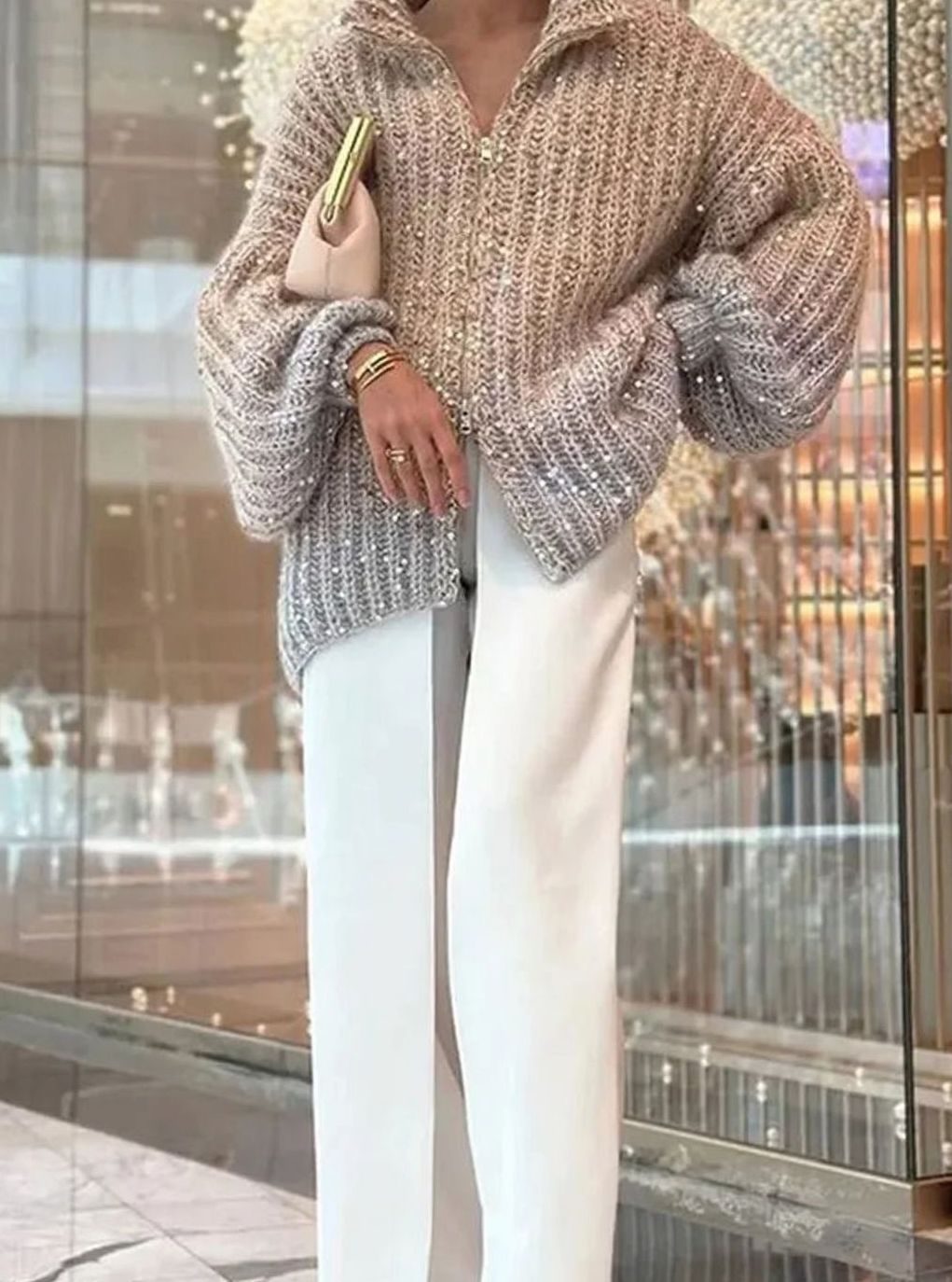 Amelia | Women's Oversized Sequin Zip-Neck Chunky Knit Cardigan Sweater