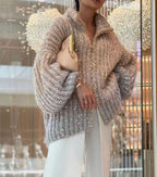 Amelia | Women's Oversized Sequin Zip-Neck Chunky Knit Cardigan Sweater
