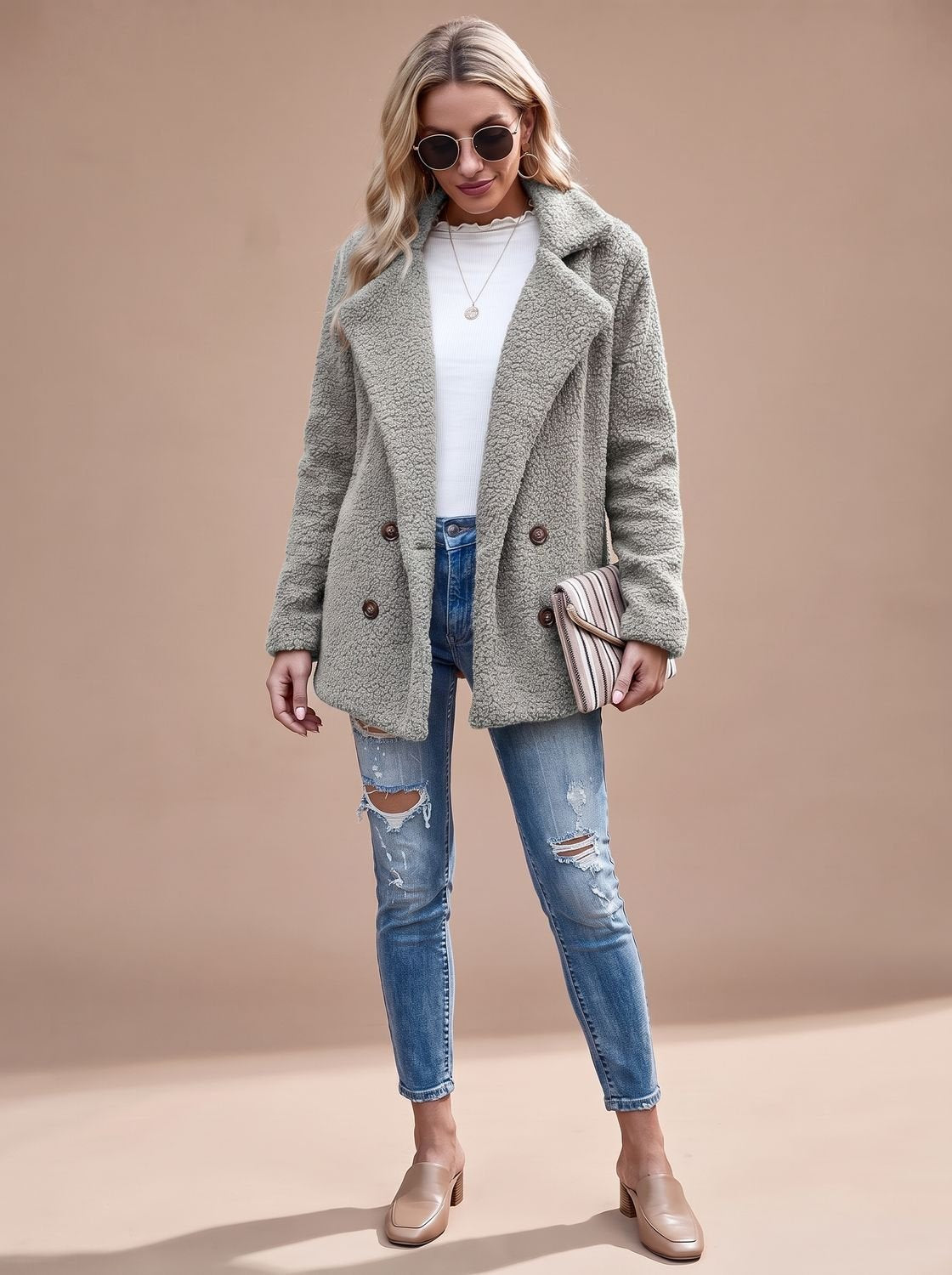 Layla | Women's Oversized Teddy Double-Breasted Notched-Lapel Jacket