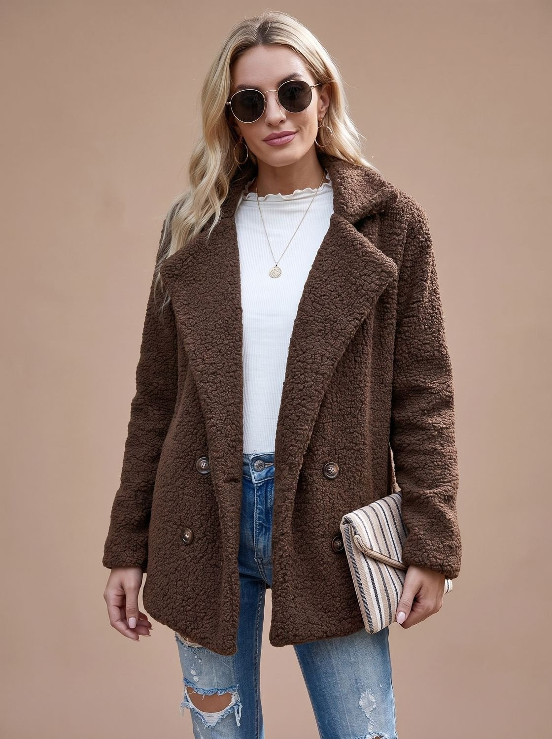 Layla | Women's Oversized Teddy Double-Breasted Notched-Lapel Jacket