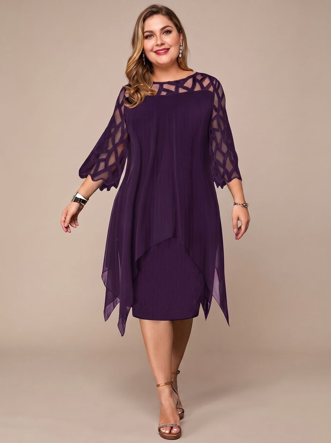 Charlotte | Women's Plus Size Lace-Yoke Chiffon Overlay Midi Dress