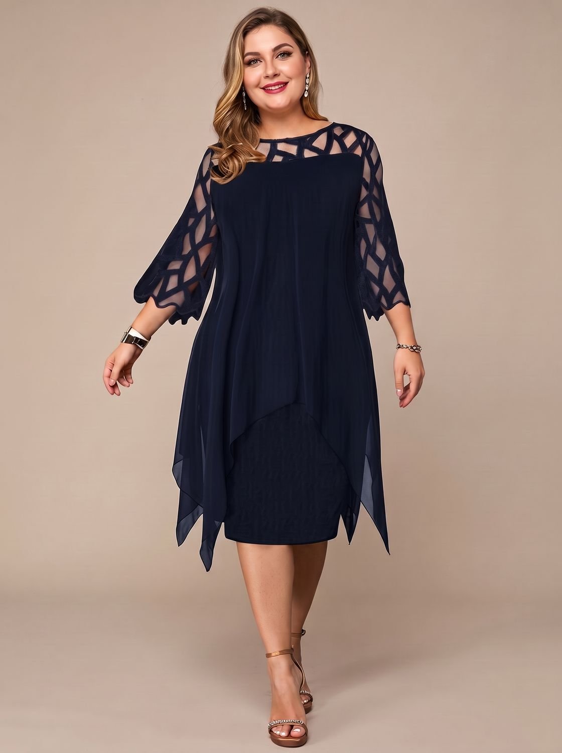 Charlotte | Women's Plus Size Lace-Yoke Chiffon Overlay Midi Dress