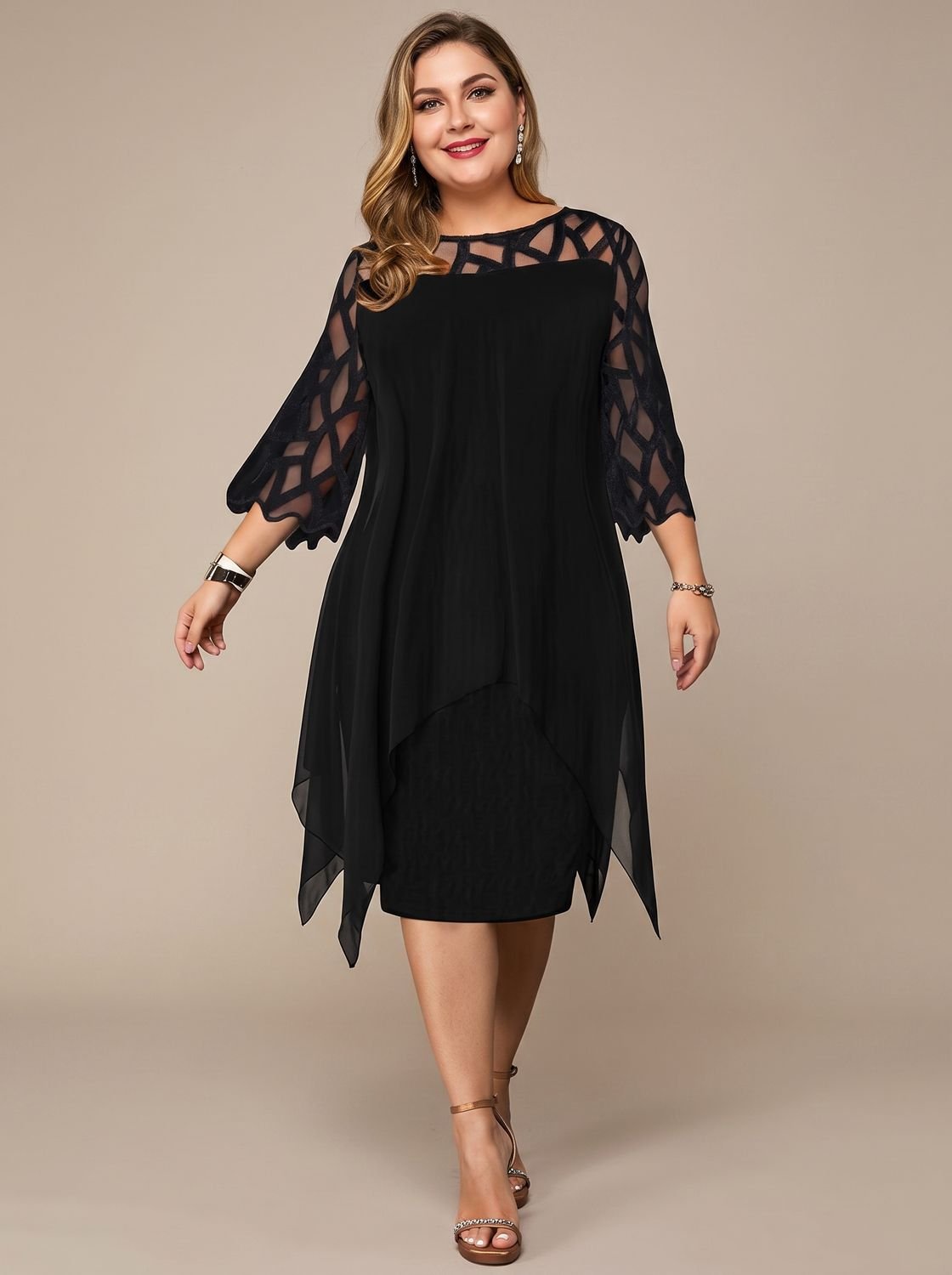 Charlotte | Women's Plus Size Lace-Yoke Chiffon Overlay Midi Dress