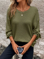 Camila | Women's Relaxed Drop-Shoulder Waffle-Knit Round-Neck Sweater