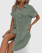 Penelope | Women's Relaxed-Fit Button-Down Short Sleeve Shirt Dress