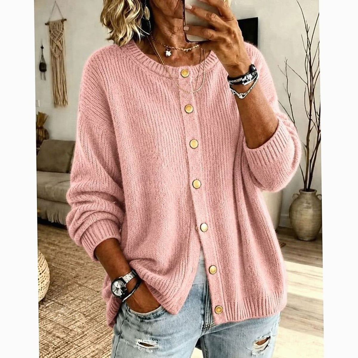 Sophia | Women's Relaxed-Fit Button-Front Crew Neck Knit Cardigan
