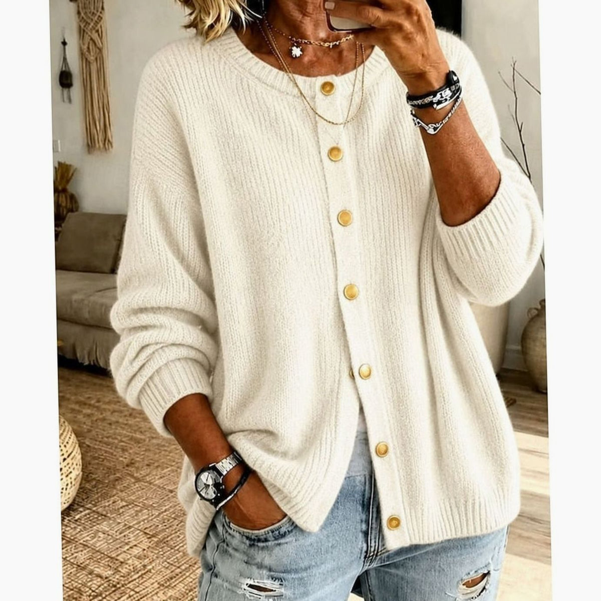 Sophia | Women's Relaxed-Fit Button-Front Crew Neck Knit Cardigan