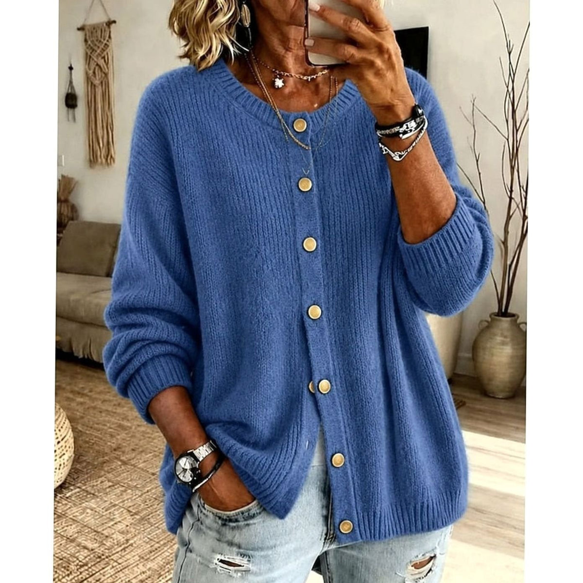 Sophia | Women's Relaxed-Fit Button-Front Crew Neck Knit Cardigan