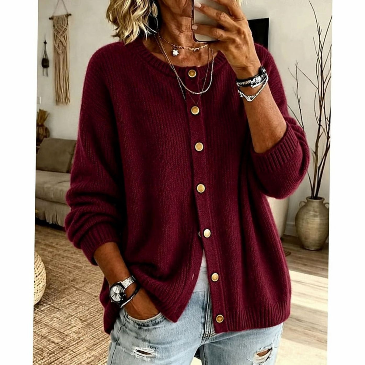 Sophia | Women's Relaxed-Fit Button-Front Crew Neck Knit Cardigan