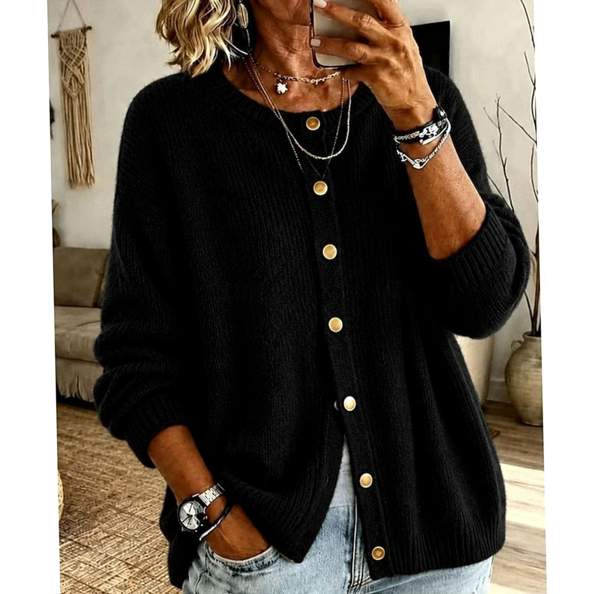 Sophia | Women's Relaxed-Fit Button-Front Crew Neck Knit Cardigan