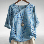 Charlotte | Women's Relaxed-Fit Leaf Print Short-Sleeve Button Blouse