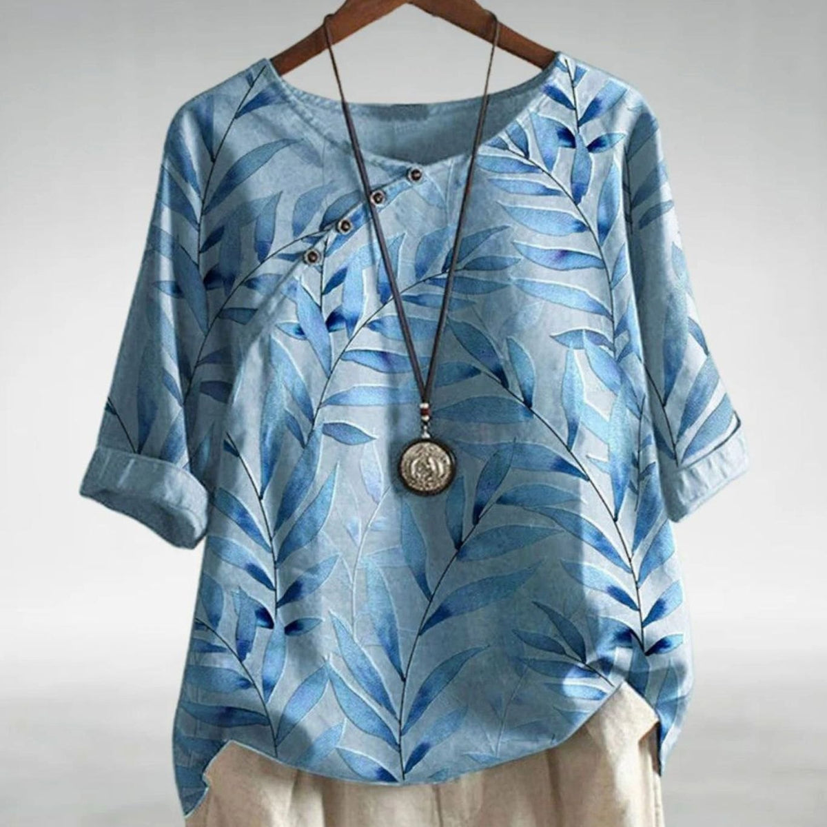 Charlotte | Women's Relaxed-Fit Leaf Print Short-Sleeve Button Blouse