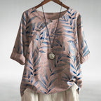 Charlotte | Women's Relaxed-Fit Leaf Print Short-Sleeve Button Blouse
