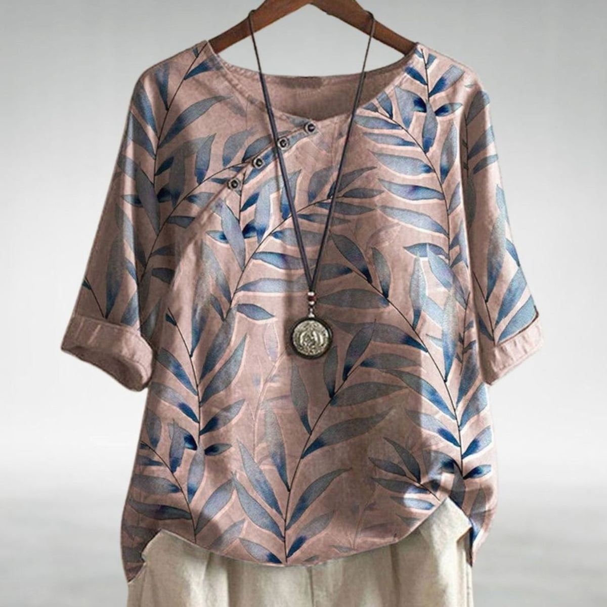 Charlotte | Women's Relaxed-Fit Leaf Print Short-Sleeve Button Blouse