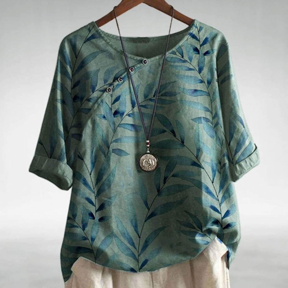 Charlotte | Women's Relaxed-Fit Leaf Print Short-Sleeve Button Blouse