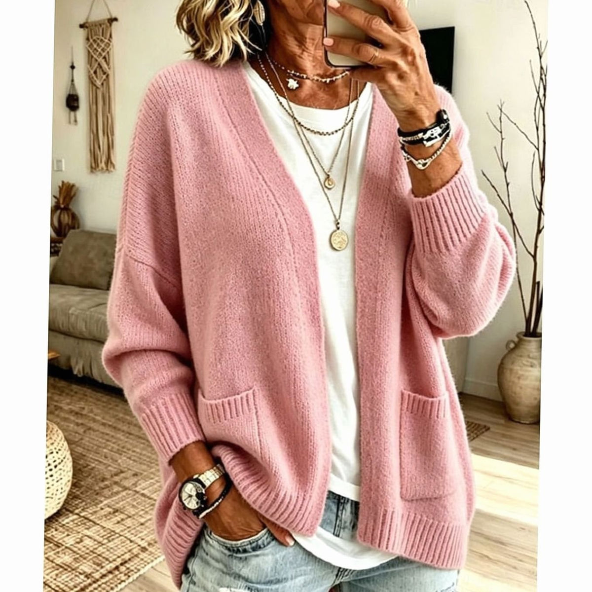 Luna | Women's Relaxed Open-Front Knit Cardigan Sweater Pockets