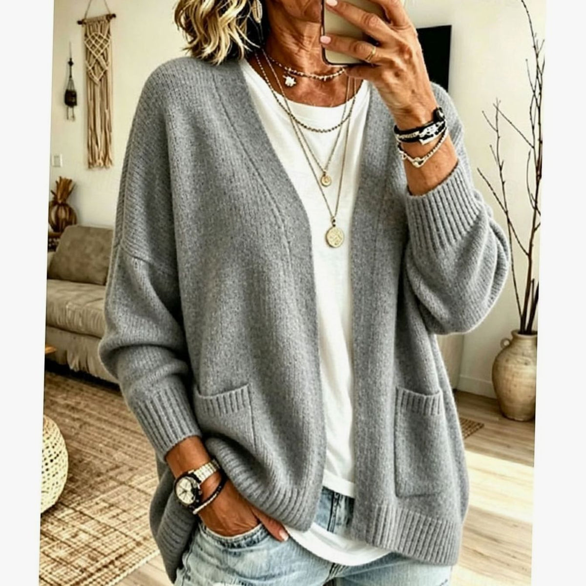 Luna | Women's Relaxed Open-Front Knit Cardigan Sweater Pockets
