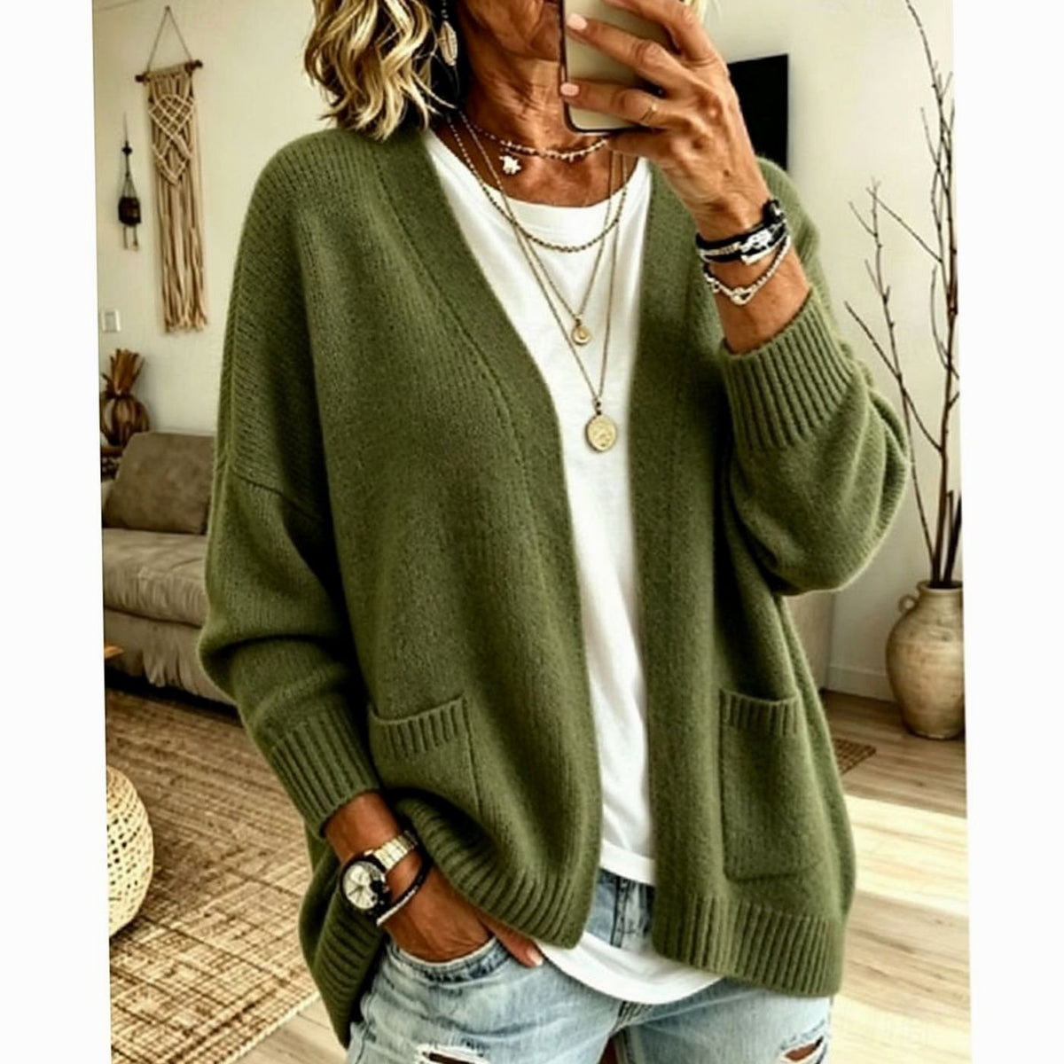 Luna | Women's Relaxed Open-Front Knit Cardigan Sweater Pockets